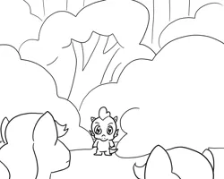 Size: 1000x800 | Tagged: safe, artist:queencold, derpibooru import, oc, unofficial characters only, dragon, earth pony, pony, baby, baby dragon, black and white, bush, comic, female, grayscale, image, male, mare, monochrome, no dialogue, png, simple background, sitting, solo focus, stallion, trio, white background