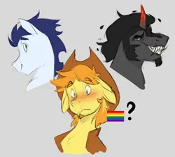 Size: 3104x2792 | Tagged: safe, artist:chub-wub, derpibooru import, braeburn, king sombra, soarin', earth pony, pegasus, pony, unicorn, g4, blushing, clothes, cowboy hat, facial hair, fangs, floppy ears, gay, gay pride flag, goatee, gray background, grin, hat, horn, image, jpeg, male, pride, pride flag, question mark, ship:soarburn, shipping, simple background, smiling, sombraeburn, stallion, trio, trio male, vest