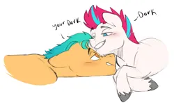 Size: 3282x1979 | Tagged: safe, artist:chub-wub, derpibooru import, hitch trailblazer, zipp storm, earth pony, pegasus, pony, g5, blushing, dialogue, duo, duo male, gay, image, jpeg, male, ship:stormblazer, shipping, smiling, snuggling, trans male, trans zipp, transgender, unshorn fetlocks