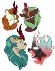 Size: 3097x3957 | Tagged: safe, artist:chub-wub, derpibooru import, autumn blaze, cinder glow, rain shine, summer flare, kirin, nirik, pony, g4, angry, awwtumn blaze, cute, eyes closed, fangs, female, fire, grin, horn, image, jpeg, mare, open mouth, simple background, smiling, white background