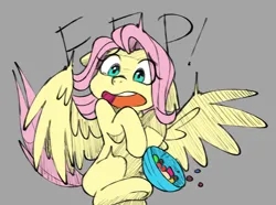 Size: 3668x2726 | Tagged: safe, artist:chub-wub, derpibooru import, fluttershy, pegasus, pony, g4, bowl, candy, crying, eep, female, floppy ears, food, gray background, halloween, holiday, image, jpeg, mare, misleading thumbnail, missing cutie mark, open mouth, scared, screaming, simple background, solo, spread wings, startled, wings