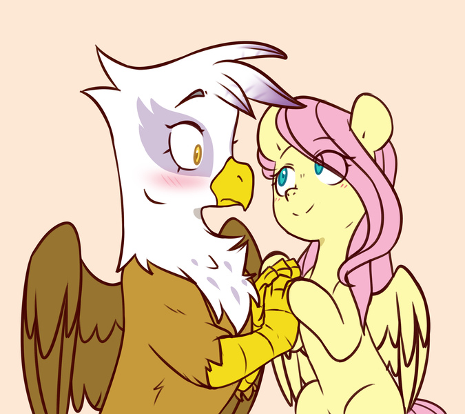 Size: 3340x2970 | Tagged: safe, artist:chub-wub, derpibooru import, fluttershy, gilda, gryphon, pegasus, pony, g4, blushing, duo, duo female, eye clipping through hair, eyebrows, eyebrows visible through hair, female, frown, gildashy, high res, holding hooves, image, jpeg, lesbian, looking at each other, looking at someone, mare, partially open wings, shipping, simple background, smiling, surprised, wings