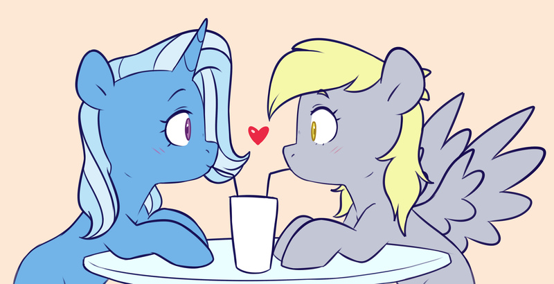 Size: 5032x2580 | Tagged: safe, artist:chub-wub, derpibooru import, derpy hooves, trixie, pegasus, pony, unicorn, g4, blushing, drink, eye contact, female, food, heart, horn, image, jpeg, lesbian, looking at each other, looking at someone, mare, milkshake, profile, sharing a drink, shipping, side view, spread wings, straw, table, tripy, wings