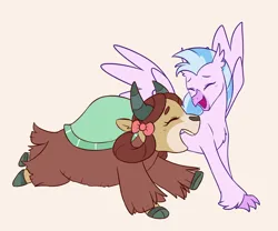 Size: 4540x3780 | Tagged: safe, artist:chub-wub, derpibooru import, silverstream, yona, classical hippogriff, hippogriff, yak, g4, bow, cloven hooves, duo, duo female, eyes closed, female, hair bow, image, jpeg, lesbian, monkey swings, open mouth, running, ship:yonastream, shipping, simple background, spread wings, tan background, wings, yonastream