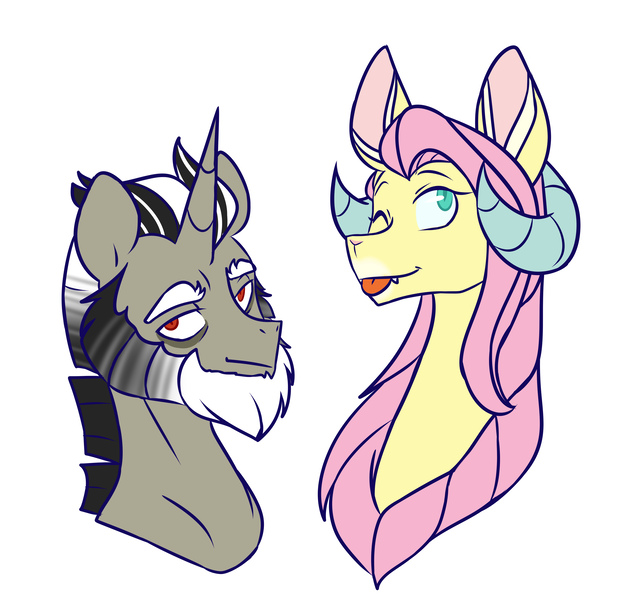 Size: 4302x4134 | Tagged: safe, artist:chub-wub, derpibooru import, discord, fluttershy, ponified, draconequus, pony, unicorn, g4, :p, alternate hairstyle, beard, bust, draconequified, duo, duo male and female, facial hair, female, flutterequus, horn, horns, image, jpeg, looking at you, male, one eye closed, pony discord, simple background, species swap, stallion, tongue out, white background, wink