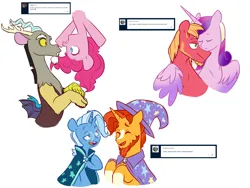 Size: 6000x4500 | Tagged: safe, artist:chub-wub, derpibooru import, big macintosh, discord, pinkie pie, princess cadance, sunburst, trixie, alicorn, draconequus, earth pony, pony, unicorn, g4, accessory swap, beard, cadmac, cape, cloak, clothes, discopie, eyes closed, facial hair, female, glasses, hat, horn, hug, image, infidelity, jpeg, male, mare, markings, nuzzling, open mouth, raised hoof, ship:trixburst, shipping, simple background, stallion, straight, sunburst's cloak, sunburst's glasses, trixburst, trixie's cape, trixie's hat, upsid, white background, winghug, wings