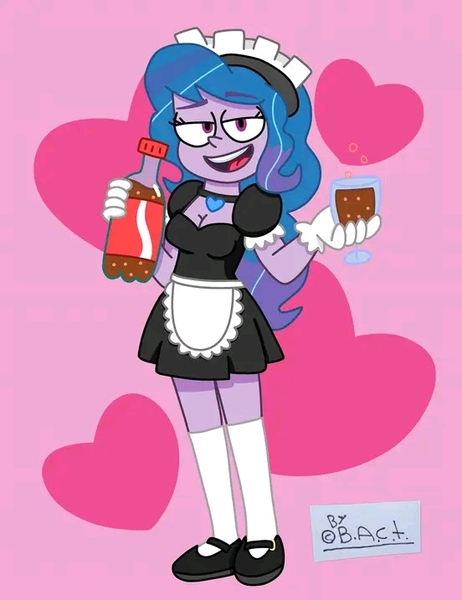 Size: 552x717 | Tagged: safe, artist:garybaldor, derpibooru import, izzy moonbow, human, equestria girls, g4, g5, clothes, cup, drink, equestria girls-ified, g5 to equestria girls, g5 to g4, generation leap, glass, gloves, heart, heart background, humanized, image, jpeg, lidded eyes, maid, maid headdress, pink background, shoes, simple background, smiling, socks, soda, stockings, thigh highs