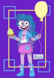 Size: 535x777 | Tagged: safe, artist:garybaldor, derpibooru import, izzy moonbow, human, equestria girls, g4, g5, balloon, breasts, clothes, cosplay, costume, cupcake, equestria girls outfit, equestria girls-ified, female, food, g5 to equestria girls, g5 to g4, generation leap, happy, humanized, image, jpeg, open mouth, open smile, signature, smiling