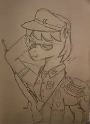 Size: 2672x3669 | Tagged: safe, artist:ponerr, derpibooru import, oc, oc:dusty eclipse, bat pony, bat pony oc, bat wings, clothes, ear fluff, glasses, gun, image, jpeg, male, signature, solo, solo male, uniform, uniform hat, weapon, wings