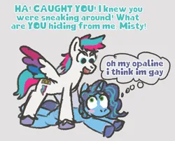 Size: 1092x879 | Tagged: safe, artist:zoeyhorse, derpibooru import, zipp storm, pegasus, pony, unicorn, g5, blush sticker, blushing, dialogue, duo, duo female, female, gray background, horn, image, lesbian, lying down, mare, misty brightdawn, pinned, png, prone, ship:dawnstorm, shipping, simple background, sploot, spread wings, thought bubble, wings