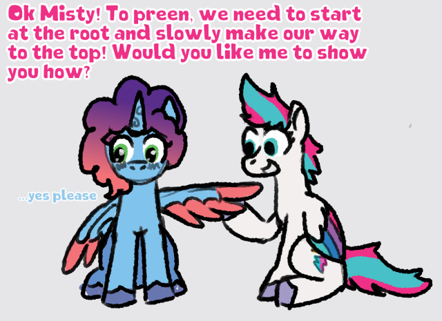 Size: 640x465 | Tagged: safe, artist:zoeyhorse, derpibooru import, zipp storm, alicorn, pegasus, pony, g5, alicornified, blushing, dialogue, duo, duo female, female, gray background, image, lesbian, looking away, mare, misty brightdawn, mistycorn, one wing out, png, race swap, rebirth misty, ship:dawnstorm, shipping, simple background, sitting, wings