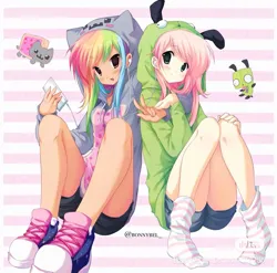 Size: 1440x1421 | Tagged: safe, artist:bonnybel_, derpibooru import, fluttershy, rainbow dash, human, antonymph, female, flutterdash, gir, humanized, image, invader zim, jpeg, lesbian, nyan cat, shipping, vylet pony