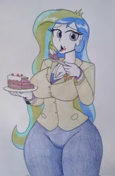 Size: 1337x2048 | Tagged: safe, artist:spartanmora, derpibooru import, princess celestia, human, equestria girls, g4, breasts, busty princess celestia, cake, cakelestia, eating, female, food, high res, image, jpeg, principal celestia, solo, spoon, wide hips