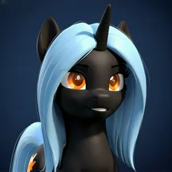 Size: 4096x4096 | Tagged: safe, ai content, derpibooru import, unnamed character, unnamed pony, oc, unnamed oc, pony, unicorn, black coat, blue mane, female, high res, horn, image, jpeg, mare, orange eyes, simple background, smiling