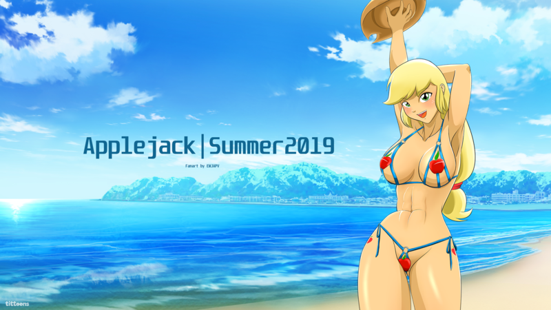 Size: 1920x1080 | Tagged: suggestive, alternate version, artist:tittoons, applejack, human, abs, applejack's hat, armpits, beach, bikini, breasts, busty applejack, cleavage, clothes, cowboy hat, cutie mark on human, female, hat, humanized, image, looking at you, micro bikini, outdoors, png, smiling, solo, solo female, swimsuit, wallpaper