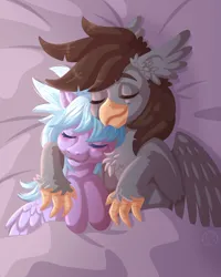 Size: 4000x5000 | Tagged: safe, artist:sharkita, derpibooru import, cloudchaser, oc, oc:luxor, classical hippogriff, hippogriff, pegasus, g4, bed, canon x oc, duo, eyes closed, hippogriff oc, hug, image, jpeg, sleeping, sleeping together, wings