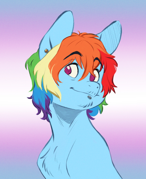 Size: 3122x3822 | Tagged: safe, artist:chub-wub, derpibooru import, rainbow dash, pegasus, pony, g4, bangs, beard, blue coat, bust, chest fluff, colored, ear piercing, earring, eyebrows, eyebrows visible through hair, facial hair, flag background, gradient background, high res, image, jewelry, jpeg, labret, lip piercing, looking away, male, mouthpiece, multicolored hair, multicolored mane, no pupils, not rule 63, piercing, pink eyes, politics, pride, pride flag, rainbow hair, requested art, shaggy mane, short hair rainbow dash, short mane, smiling, solo, stallion, trans male, trans rainbow dash, transgender, transgender pride flag, wingless