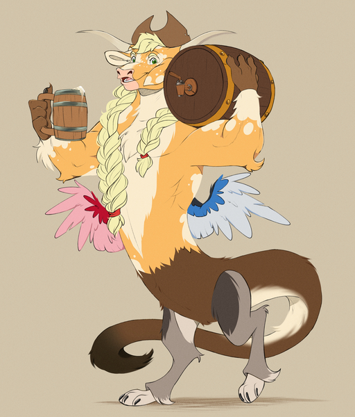 Size: 4260x4996 | Tagged: safe, artist:chub-wub, derpibooru import, part of a set, applejack, draconequus, g4, applejack's hat, applejacked, barrel, braid, braided pigtails, brown background, brown fur, carrying, cider, cider mug, coat markings, colored claws, colored eyebrows, colored horns, colored legs, colored paws, colored pupils, colored tail, colored tailtip, colored wings, colored wingtips, cowboy hat, draconequified, facial markings, female, floppy ears, freckles, green eyes, green pupils, hat, horns, image, jpeg, leg markings, leonine tail, mismatched wings, mug, multicolored wings, muscles, open mouth, open smile, orange fur, pigtails, raised leg, shadow, simple background, small wings, smiling, snip (coat marking), solo, species swap, spread wings, stetson, tail, tied hair, wings, yellow hair