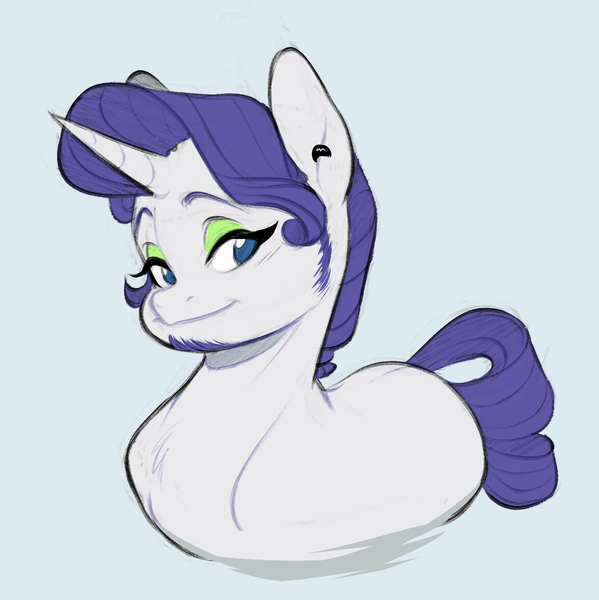 Size: 3633x3640 | Tagged: safe, alternate version, artist:chub-wub, derpibooru import, rarity, pony, unicorn, g4, agender, alternate hairstyle, beard, blue background, blue eyes, blushing, colored, colored eyebrows, ear piercing, earring, eyeshadow, facial hair, flat colors, green eyeshadow, high res, horn, image, jewelry, jpeg, looking back, makeup, missing cutie mark, no pupils, out of character, piercing, purple mane, purple tail, requested art, ringlets, short mane, short mane rarity, sideburns, simple background, smiling, solo, tail, unicorn horn, white coat