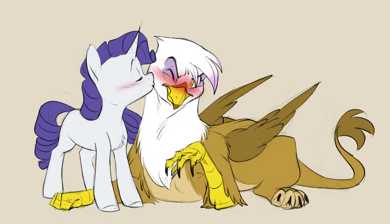 Size: 6015x3448 | Tagged: safe, artist:chub-wub, derpibooru import, gilda, rarity, gryphon, pony, unicorn, g4, beige background, blushing, crack shipping, duo, duo female, eyebrows, eyes closed, female, horn, image, jpeg, kiss on the cheek, kissing, lesbian, lying down, mare, missing cutie mark, prone, purple mane, purple tail, raised arm, raised eyebrow, rarida, ringlets, shipping, simple background, size difference, standing, tail, unicorn horn, wavy mane, wavy tail, white coat