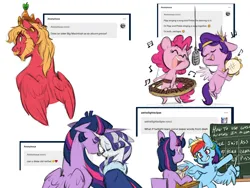 Size: 6000x4500 | Tagged: safe, artist:chub-wub, derpibooru import, big macintosh, pinkie pie, pipp petals, princess twilight 2.0, rainbow dash, rarity, twilight sparkle, twilight sparkle (alicorn), alicorn, earth pony, pegasus, pony, unicorn, g4, g5, the last problem, adorapipp, alicornified, alternate hairstyle, ask, beard, chalk, chalkboard, clothes, coat, crown, cute, desk, diapinkes, eyes closed, eyeshadow, facial hair, female, grin, horn, image, jewelry, jpeg, lesbian, makeup, male, mare, microphone, moustache, music, music notes, musical instrument, my little pony, nuzzling, older, older rarity, older twilight, older twilight sparkle (alicorn), open mouth, open smile, pencil, princess big mac, race swap, rarilight, regalia, seat, ship:rarilight, shipping, singing, smiling, spread wings, stallion, swearing, tambourine, tumblr, vulgar, wings