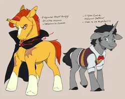 Size: 5500x4382 | Tagged: safe, artist:chub-wub, derpibooru import, king sombra, sunburst, pony, unicorn, g4, alternate accessories, alternate design, alternate hairstyle, alternate tailstyle, amulet, beard, beige background, black hooves, black mane, black tail, blaze (coat marking), body scar, bowtie, broken horn, brown background, cape, clothes, coat markings, collared shirt, colored, duo, duo male, evil sunburst, eyebrow slit, eyebrows, facial hair, facial markings, facial scar, fetlock tuft, flat colors, floppy ears, frown, glasses, good king sombra, gray coat, green eyes, hatching (technique), height difference, high res, hoof fluff, horn, image, implied sunset shimmer, jewelry, jpeg, leg scar, looking at you, magic, male, missing cutie mark, narrowed eyes, orange coat, personality swap, physique difference, raised leg, red mane, red tail, requested art, round glasses, scar, shirt, short mane, short tail, shoulder scar, sideburns, simple background, slit pupils, small glasses, smiling, smiling at you, socks (coat marking), stallion, stand, standing, tail