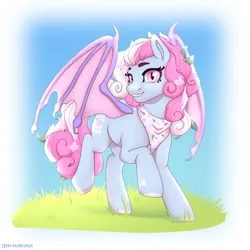 Size: 4134x4134 | Tagged: safe, artist:jjsh, derpibooru import, oc, unofficial characters only, bat pony, pony, bat pony oc, bat wings, fangs, female, grass, handkerchief, high res, image, looking at you, mare, png, raised hoof, simple background, smiling, smiling at you, solo, teeth, turned head, wings