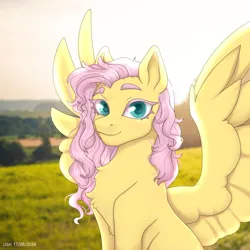 Size: 4134x4134 | Tagged: safe, artist:jjsh, derpibooru import, fluttershy, pegasus, pony, g4, chest fluff, cute, cute face, female, field, fluffy, fluffy mane, grass, high res, image, looking at you, mare, nature, png, real life background, sitting, sky, smiling, smiling at you, solo, spread wings, wings