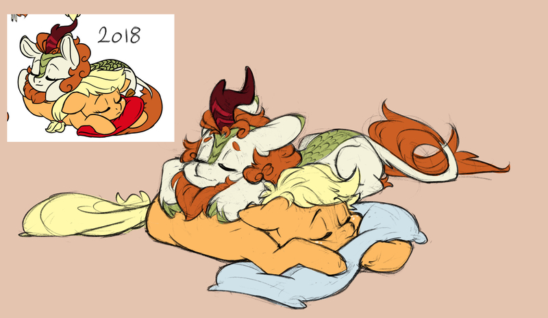 Size: 4620x2681 | Tagged: safe, artist:chub-wub, derpibooru import, applejack, autumn blaze, earth pony, kirin, pony, g4, 2018, autumnjack, awwtumn blaze, cloven hooves, colored sketch, cuddling, cute, duo, duo female, eyes closed, female, freckles, horn, image, jackabetes, jpeg, lesbian, lying down, lying on top of someone, mare, pillow, prone, redraw, ship:autumnjack, shipping, sketch, sleeping