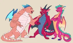 Size: 7381x4410 | Tagged: safe, artist:chub-wub, derpibooru import, dragon, g5, alternate design, bipedal, blaize skysong, crossed arms, fangs, female, horns, image, jpeg, lava (g5), male, markings, open mouth, swole, trio, tumble (g5), wings