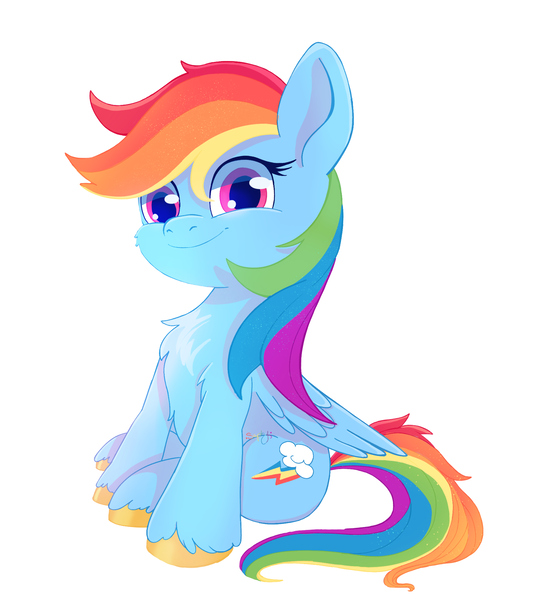 Size: 1910x2104 | Tagged: safe, artist:saphypone, derpibooru import, rainbow dash, pegasus, pony, g4, backwards cutie mark, cheek fluff, chest fluff, female, folded wings, image, looking at you, mare, png, simple background, sitting, smiling, smiling at you, solo, tail, unshorn fetlocks, white background, wings