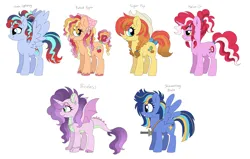 Size: 2650x1684 | Tagged: safe, artist:unoriginai, derpibooru import, oc, oc:baked apple, oc:chain lightning, oc:halve-it, oc:priceless, oc:shimmering blade, unofficial characters only, dracony, earth pony, hybrid, pegasus, pony, unicorn, adoptable, bandana, blush lines, blushing, bow, bracelet, braid, braided pigtails, bucktooth, cloven hooves, cowboy hat, dreadlocks, ear piercing, earring, earth pony oc, eyebrow piercing, eyebrows, eyebrows visible through hair, fangs, female, female oc, freckles, frown, gradient mane, hat, horn, image, interspecies offspring, jewelry, mare, multicolored hair, necklace, nudity, offspring, parent:applejack, parent:big macintosh, parent:caramel, parent:flash sentry, parent:fluttershy, parent:pinkie pie, parent:pokey pierce, parent:rainbow dash, parent:rarity, parent:soarin', parent:spike, parent:twilight sparkle, parents:carajack, parents:flashlight, parents:fluttermac, parents:pokeypie, parents:soarindash, parents:sparity, pearl necklace, pegasus oc, piercing, pigtails, png, ponytail, sheath, simple background, spread wings, striped mane, sugar pop, sword, tail, tail bow, tail tie, tongue out, unicorn oc, unshorn fetlocks, weapon, white background, wings