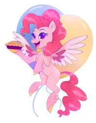 Size: 2497x3187 | Tagged: safe, artist:saphypone, derpibooru import, pinkie pie, pegasus, pony, g4, balloon, female, food, image, mare, open mouth, open smile, pegasus pinkie pie, pie, png, race swap, simple background, smiling, solo, spread wings, tail, white background, wings