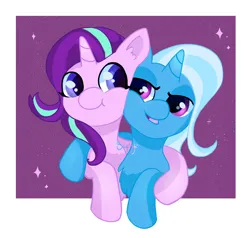 Size: 3683x3511 | Tagged: safe, artist:saphypone, derpibooru import, starlight glimmer, trixie, pony, unicorn, g4, cheek to cheek, duo, duo female, female, high res, horn, hug, image, lesbian, looking at each other, looking at someone, mare, open mouth, open smile, png, shipping, side hug, smiling, smiling at each other, sparkles, startrix