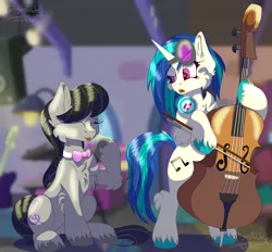 Size: 1500x1394 | Tagged: safe, artist:bryony6210, artist:bryonythewolf, derpibooru import, octavia melody, vinyl scratch, earth pony, pony, unicorn, g4, bow (instrument), bowtie, cello, cheek fluff, chest fluff, duo, duo female, ear fluff, eyes closed, female, hoof hold, horn, image, leg fluff, mare, musical instrument, octavia's bowtie, open mouth, png, raised hoof, sitting, tail, unshorn fetlocks, vinyl's glasses, vinyl's headphones