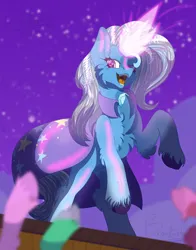 Size: 2528x3218 | Tagged: safe, artist:bryony6210, artist:bryonythewolf, derpibooru import, trixie, pony, unicorn, g4, brooch, cape, cheek fluff, chest fluff, clothes, ear fluff, female, glow, glowing horn, horn, image, jewelry, leg fluff, magic, magic aura, mare, night, night sky, open mouth, outdoors, png, sky, solo, stars, trixie's brooch, trixie's cape, unshorn fetlocks