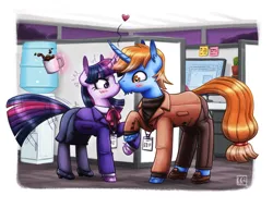 Size: 2000x1530 | Tagged: safe, artist:king-kakapo, derpibooru import, twilight sparkle, oc, unnamed oc, pony, unicorn, g4, accidental kiss, blush lines, blushing, business suit, businessmare, canon x oc, chin fluff, clothes, coffee, coffee mug, cubical, duo, duo male and female, emanata, female, floating heart, heart, image, levitation, magic, male, mare, mug, office, png, raised hoof, shipping, skirt, stallion, straight, telekinesis, unicorn twilight, unshorn fetlocks