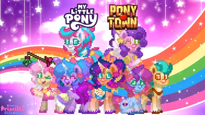 Size: 1280x720 | Tagged: safe, artist:princesspriscillapt, derpibooru import, hitch trailblazer, izzy moonbow, pipp petals, sunny starscout, zipp storm, oc, oc:princess priscilla, alicorn, earth pony, pegasus, pony, unicorn, pony town, g5, my little pony: make your mark, alicorn oc, alicornified, horn, image, jpeg, misty brightdawn, race swap, rainbow, wings