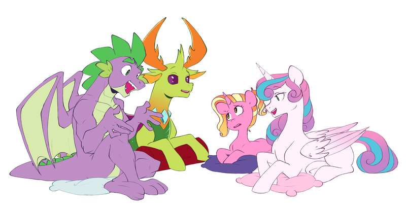 Size: 6315x3238 | Tagged: safe, artist:chub-wub, derpibooru import, luster dawn, princess flurry heart, spike, thorax, alicorn, changedling, changeling, dragon, pony, unicorn, g4, alternate hairstyle, female, gigachad spike, horn, image, jpeg, king thorax, lying down, male, mare, older, older flurry heart, older spike, open mouth, pillow, prone, simple background, white background, winged spike, wings