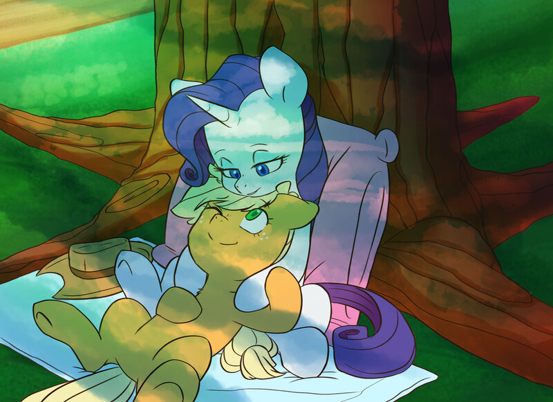 Size: 4134x3000 | Tagged: safe, artist:chub-wub, derpibooru import, applejack, rarity, earth pony, pony, unicorn, g4, applejack's hat, blanket, cowboy hat, duo, duo female, female, freckles, hat, horn, image, jpeg, lesbian, looking at each other, looking at someone, lying down, mare, on back, one eye closed, outdoors, pillow, rarijack, shipping, smiling, tree, under the tree, wink