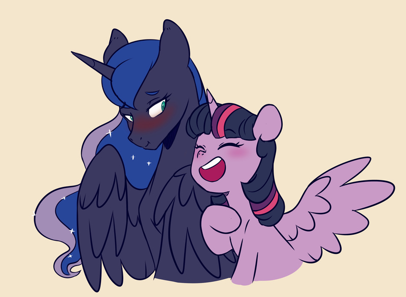 Size: 4916x3604 | Tagged: safe, artist:chub-wub, derpibooru import, princess luna, twilight sparkle, twilight sparkle (alicorn), alicorn, pony, g4, blushing, cute, duo, duo female, eyebrows, eyebrows visible through hair, eyes closed, female, horn, image, jpeg, lesbian, looking at someone, lunabetes, mare, open mouth, raised hoof, ship:twiluna, shipping, twiabetes, wings