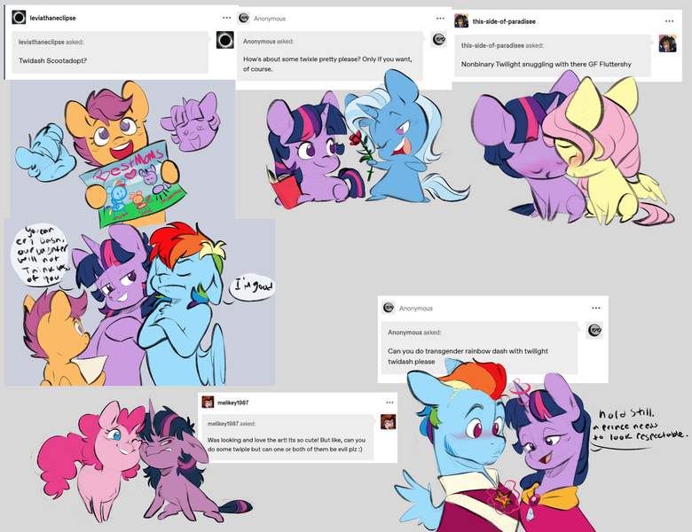 Size: 7800x6000 | Tagged: safe, artist:chub-wub, derpibooru import, fluttershy, pinkie pie, rainbow dash, scootaloo, trixie, twilight sparkle, earth pony, pegasus, pony, unicorn, g4, ask, badge, bangs, beard, blue coat, blue eyes, blue mane, blue tail, blushing, chest fluff, chibi, clothes, colored, colored sketch, crossed hooves, curly mane, curly tail, cute, cutealoo, dialogue, drawing, evil twilight, eyebrows, eyebrows visible through hair, eyelashes, eyes closed, facial hair, female, flat colors, flirting, flower, frown, glow, glowing horn, gray background, hatching (technique), holding, hoof hold, horn, image, jpeg, kneeling, lesbian, lidded eyes, looking away, lying down, magic, male, mare, messy mane, messy tail, missing cutie mark, mouthpiece, multicolored hair, multicolored mane, no pupils, nonbinary, nudging, nuzzling, on one knee, one eye closed, open mouth, open smile, orange coat, partially open wings, pink mane, pink tail, prone, purple coat, purple eyes, purple mane, rainbow hair, raised eyebrow, red eyes, requested art, rose, scootadoption, ship:twishy, shipping, short mane twilight sparkle, simple background, sitting, sketch, smiling, speech bubble, tail, talking, telekinesis, text, three toned mane, trans male, trans rainbow dash, trans twilight sparkle, transgender, tumblr, twidash, twilight sparkle is not amused, twinkie, twixie, two toned mane, two toned tail, unamused, unicorn twilight, uniform, wall of tags, wings, wink, yellow coat