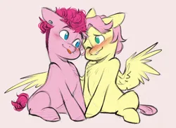 Size: 5545x4055 | Tagged: safe, artist:chub-wub, derpibooru import, fluttershy, pinkie pie, earth pony, pegasus, pony, g4, :p, alternate hairstyle, blushing, cute, diapinkes, duo, duo male, ear piercing, earring, gay, grin, image, jewelry, jpeg, lip bite, looking at each other, looking at someone, male, missing cutie mark, one eye closed, piercing, pink background, ship:flutterpie, shipping, shyabetes, simple background, sitting, smiling, smiling at each other, spread wings, stallion, t4t, tongue out, trans fluttershy, trans male, trans pinkie pie, transgender, wings, wink