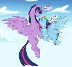 Size: 4742x4429 | Tagged: safe, artist:chub-wub, derpibooru import, rainbow dash, twilight sparkle, twilight sparkle (alicorn), alicorn, pegasus, pony, g4, :p, cloud, dialogue, duo, duo female, female, flapping, flying, image, jpeg, lesbian, looking at each other, looking at someone, mare, missing cutie mark, motion lines, older, older rainbow dash, older twilight, older twilight sparkle (alicorn), open mouth, outdoors, shipping, size difference, sky, speech bubble, spread wings, talking, tongue out, twidash, wings