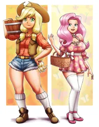 Size: 2800x3600 | Tagged: safe, artist:darkeros, artist:king-kakapo, derpibooru import, part of a set, applejack, fluttershy, human, basket, boots, breasts, bucket, busty applejack, busty fluttershy, cleavage, clothes, cowboy hat, daisy dukes, dress, duo, duo female, female, floral print, hat, high res, humanized, image, looking at you, mary janes, plaid shirt, png, shirt, shoes, shorts, simple background, socks, stetson, stockings, thigh highs, vest