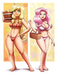 Size: 2800x3600 | Tagged: suggestive, artist:darkeros, artist:king-kakapo, derpibooru import, part of a set, applejack, fluttershy, human, basket, bikini, breasts, bucket, busty applejack, busty fluttershy, cleavage, clothes, duo, duo female, female, frilled swimsuit, high res, humanized, image, looking at you, plaid, png, simple background, swimsuit