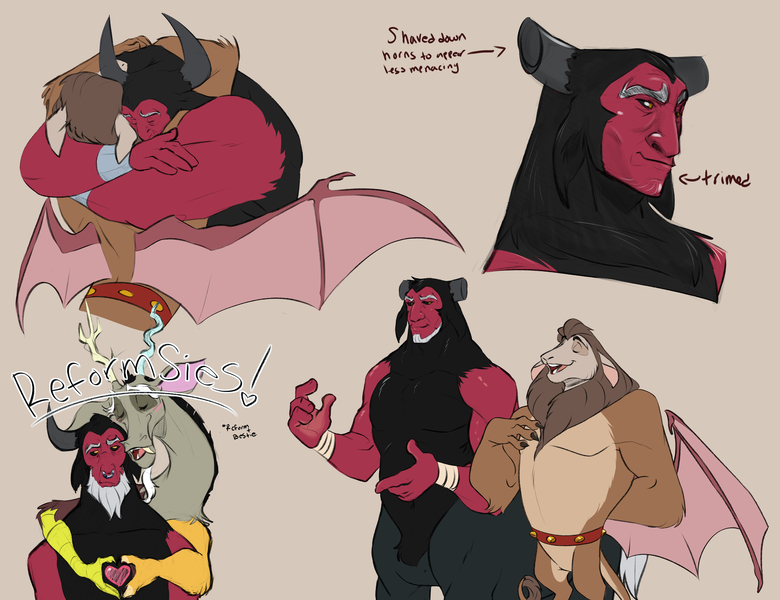 Size: 7800x6000 | Tagged: safe, artist:chub-wub, derpibooru import, discord, lord tirek, scorpan, centaur, draconequus, gargoyle, taur, g4, a better ending for tirek, alternate design, alternate universe, beard, belt, black fur, black sclera, blush lines, blushing, bracer, broken horn, broken horns, brothers, brown fur, brown hair, bust, claws, colored claws, colored eyebrows, colored horns, colored legs, colored pinnae, colored sclera, colored wings, cream background, curved horns, cut horn, eyes closed, facial hair, floating heart, gray fur, hand on chest, harsher in hindsight, heart, heart hands, high res, horn, horns, hug, image, jpeg, long ears, looking at someone, male, mismatched horns, nose piercing, nose ring, open mouth, open smile, piercing, profile, red skin, reformed, reformed tirek, reformed villain, requested art, septum piercing, shaved, siblings, simple background, smiling, smiling at someone, solo focus, standing, text, trio, trio male, two toned wings, wing claws, wings, yellow eyes