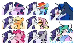 Size: 5926x3579 | Tagged: safe, artist:chub-wub, derpibooru import, applejack, fluttershy, maud pie, pinkie pie, princess celestia, princess luna, rainbow dash, rarity, twilight sparkle, twilight sparkle (alicorn), alicorn, earth pony, pegasus, pony, unicorn, g4, bedroom eyes, blushing, boop, cute, eyes closed, eyeshadow, female, flarity, flustered, horn, image, jpeg, kissing, lesbian, looking at each other, looking at someone, makeup, mane six, mare, noseboop, open mouth, raridash, rarijack, rarilestia, rarilight, rariluna, rarimaud, raripie, rarity gets all the mares, ship:raridash, ship:rarilestia, ship:rarilight, ship:rariluna, ship:rarimaud, ship:raripie, shipping, simple background, smiling, white background