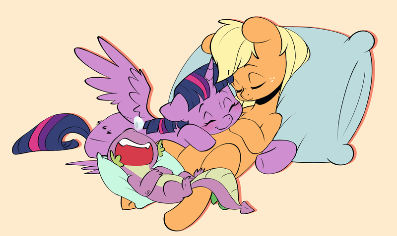 Size: 5181x3091 | Tagged: safe, artist:chub-wub, derpibooru import, applejack, spike, twilight sparkle, twilight sparkle (alicorn), alicorn, dragon, earth pony, pony, g4, blushing, cuddle puddle, cuddling, cute, eyes closed, female, freckles, horn, hug, image, jackabetes, jpeg, lying down, male, mare, on back, onomatopoeia, open mouth, pillow, pony pile, sleeping, smiling, snot bubble, sound effects, spikabetes, trio, twiabetes, wings, zzz