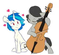 Size: 4369x4056 | Tagged: safe, artist:chub-wub, derpibooru import, octavia melody, vinyl scratch, earth pony, pony, unicorn, g4, alternate hairstyle, bipedal, bow (instrument), cello, chest fluff, cute, duo, duo female, ear piercing, earring, eyes closed, female, heart, horn, image, jewelry, jpeg, lesbian, mare, musical instrument, older, older octavia melody, older vinyl scratch, piercing, scratchtavia, shipping, simple background, sitting, smiling, tavibetes, vinylbetes, white background